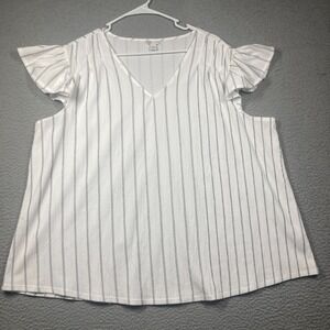 Cato Est 1946 Top Womens Plus 22/24 White Stripe V Neck Gauzy Flutter Cap Sleeve